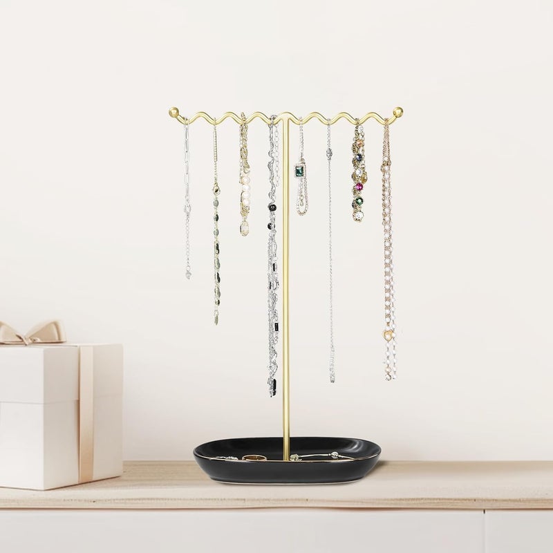 Saydear Elegant Jewelry Holder Tree Stand with Ceramic Tray - Metal Necklace Holder Organizer for Rings Bracelets Earrings - Tangle Free, Rustproof Decorative Display for Vanity Dresser Deluxe Black - Image 2
